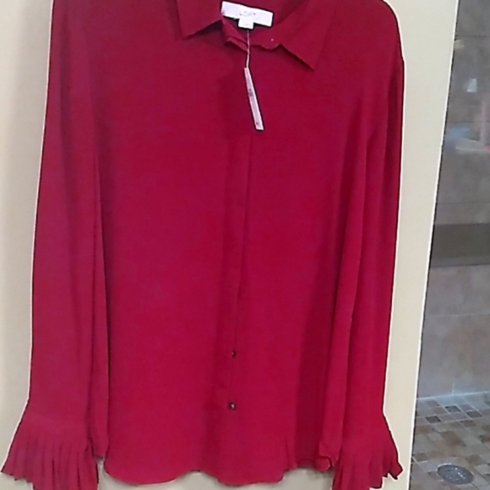 Burgady button down blouse with ruffled sleeves at wrist
